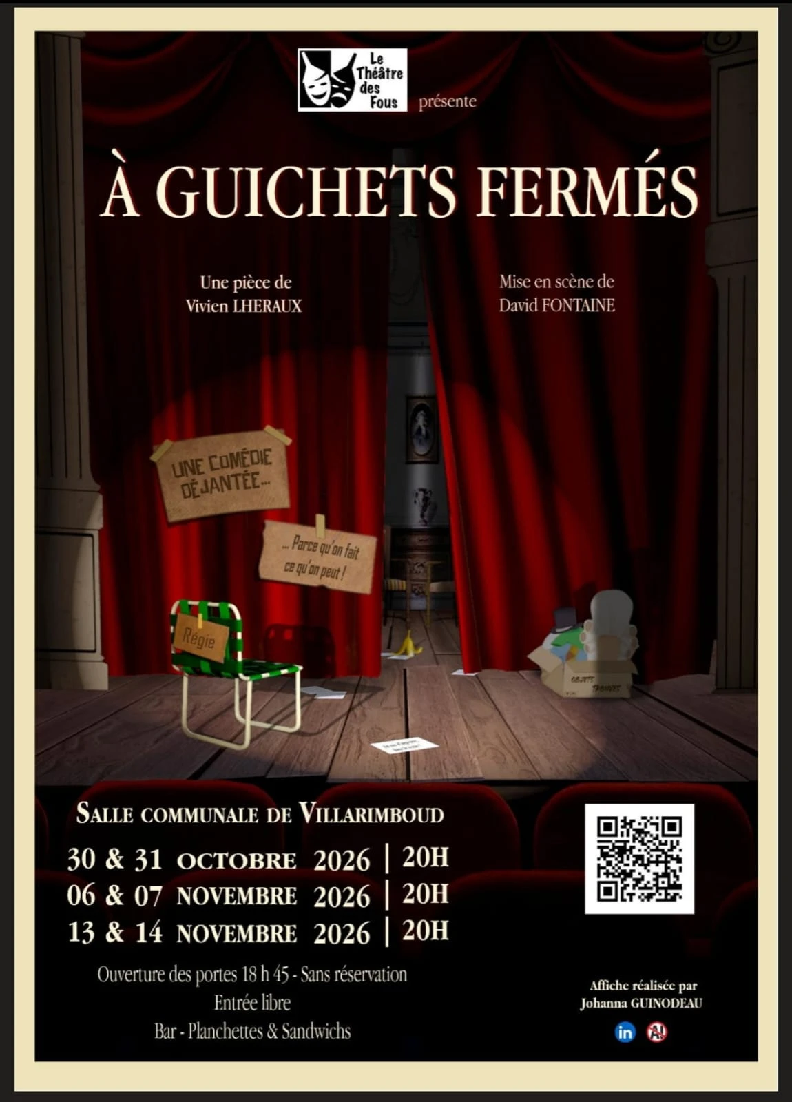 Affiche de « À guichets fermés », comédie déjantée du Théâtre des Fous à la salle communale de Villarimboud : 30 et 31 octobre, 6 et 7 novembre, 13 et 14 novembre 2026 à 20 h. Entrée libre, sans réservation.